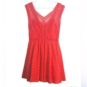 Free People Victoria Lace Mini Dress Red Sz 2  Eyelet Back Victorian Whimsigoth